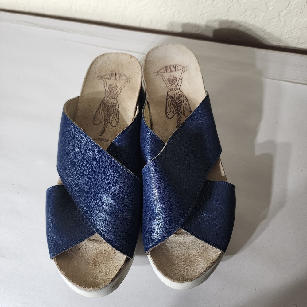 Fly London Navy Blue Leather Cross Strap Wedge Slide Sandals Womens 41 US 10 - Picture 7 of 10